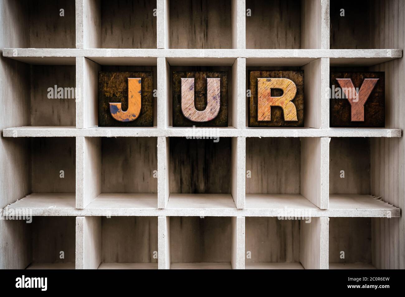Jury Concept Wooden Letterpress Type in Drawer Stock Photo