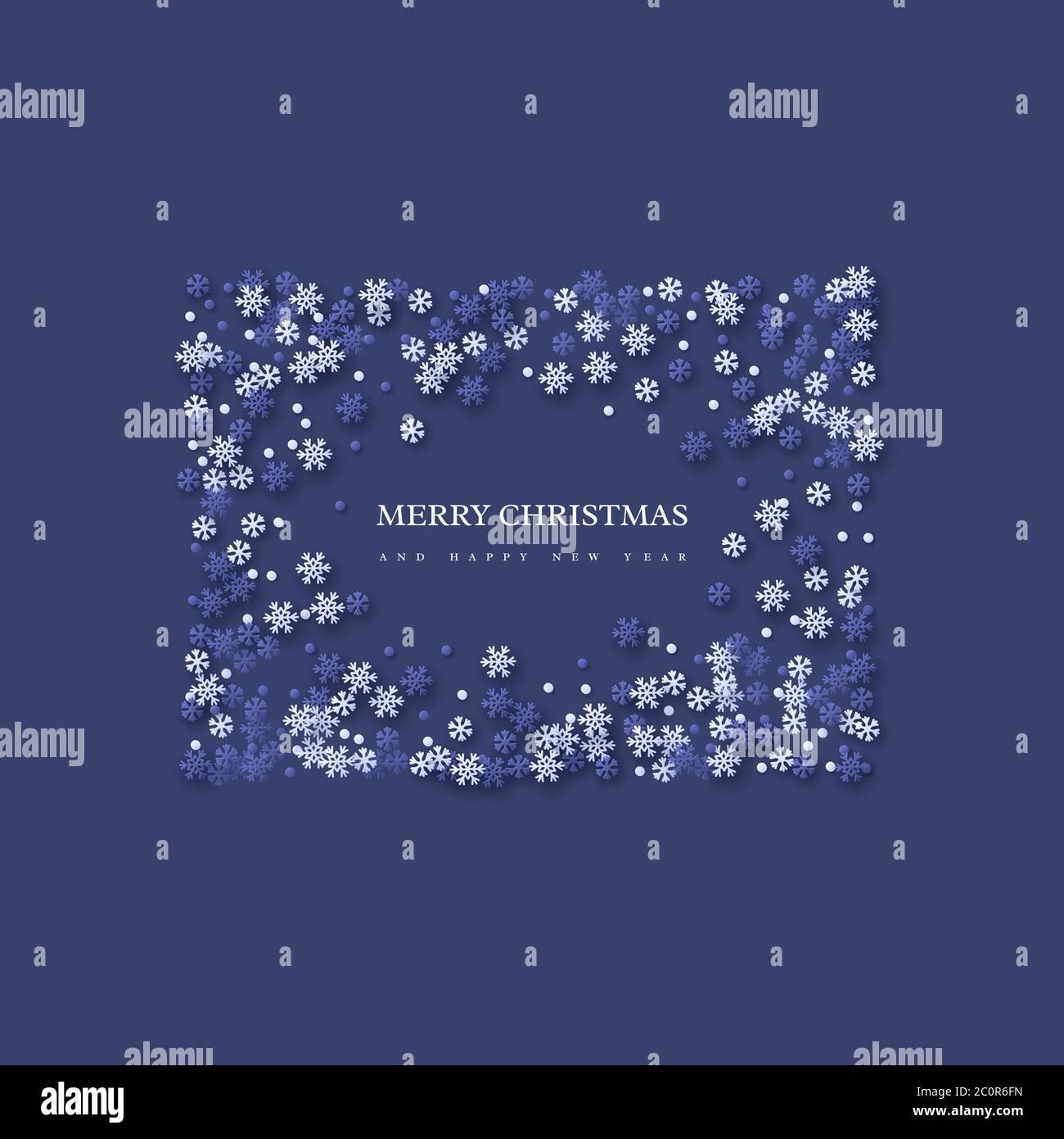 Christmas holiday frame with paper cut style snowflakes. Dark blue ...