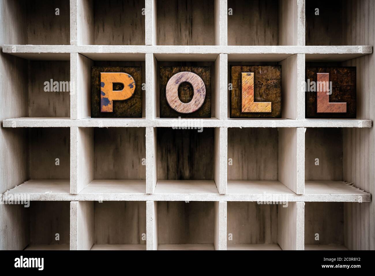 Poll Concept Wooden Letterpress Type in Drawer Stock Photo
