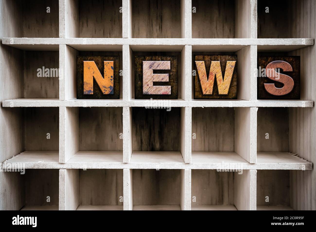 News Concept Wooden Letterpress Type in Drawer Stock Photo