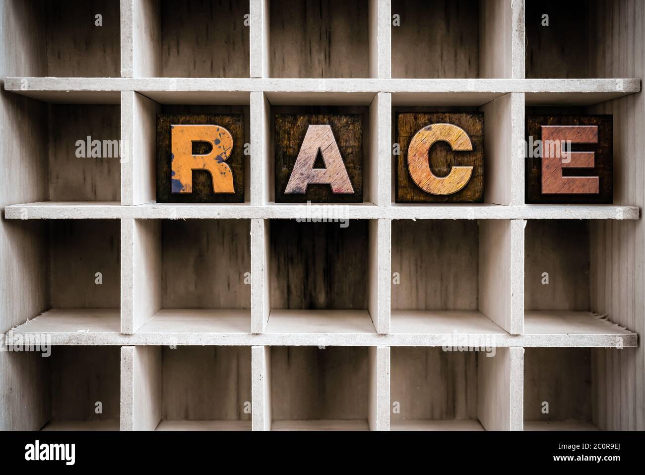 Race Concept Wooden Letterpress Type in Drawer Stock Photo