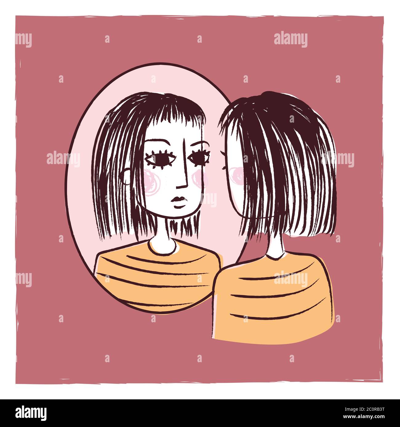 Illustration of a sad woman looking at herself in the mirror Stock Photo