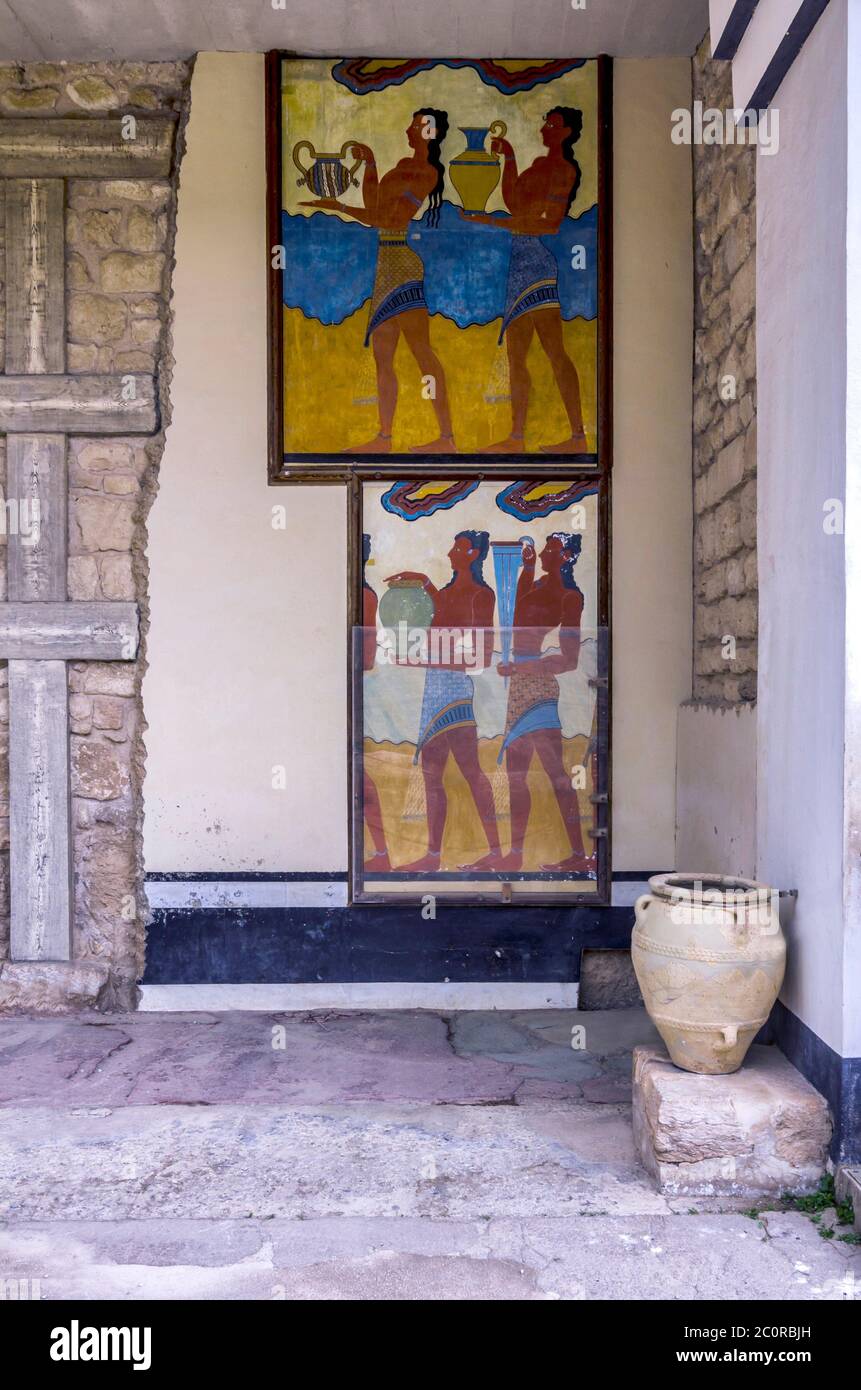 Knossos Palace, Crete / Greece. The South Propylaeum at the archaeological site of Knossos in Heraklion city with the two frescoes Stock Photo