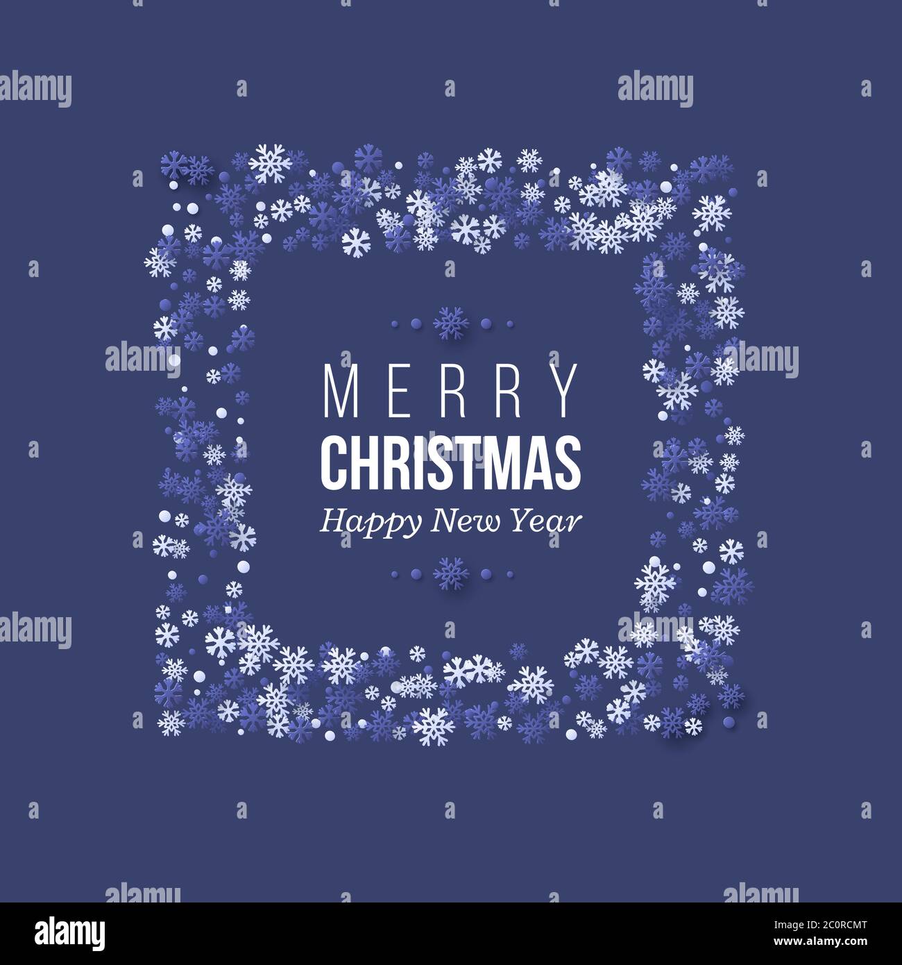 Christmas holiday frame with paper cut style snowflakes. Dark blue ...
