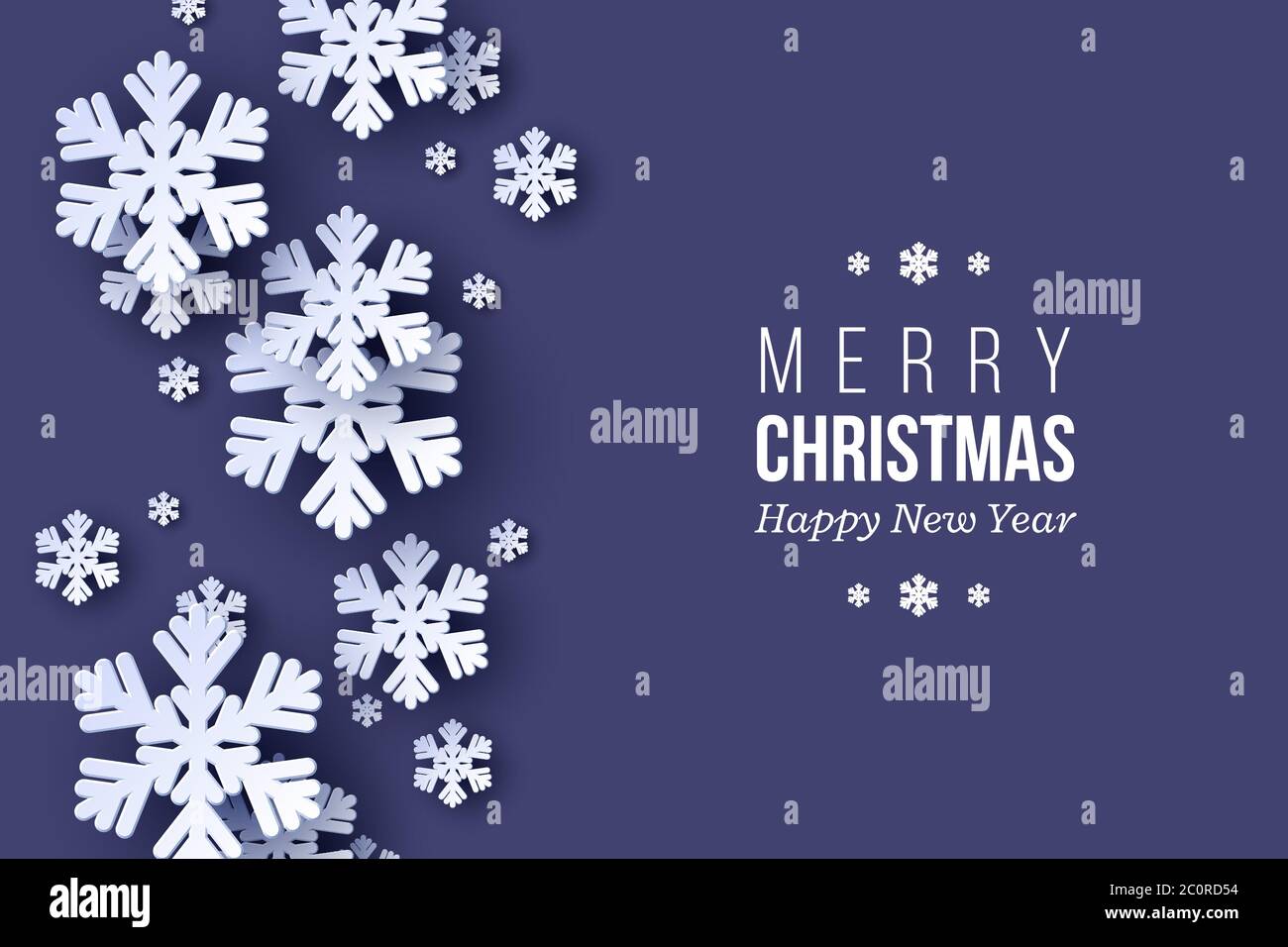 Christmas holiday design with paper cut style snowflakes. Dark blue ...