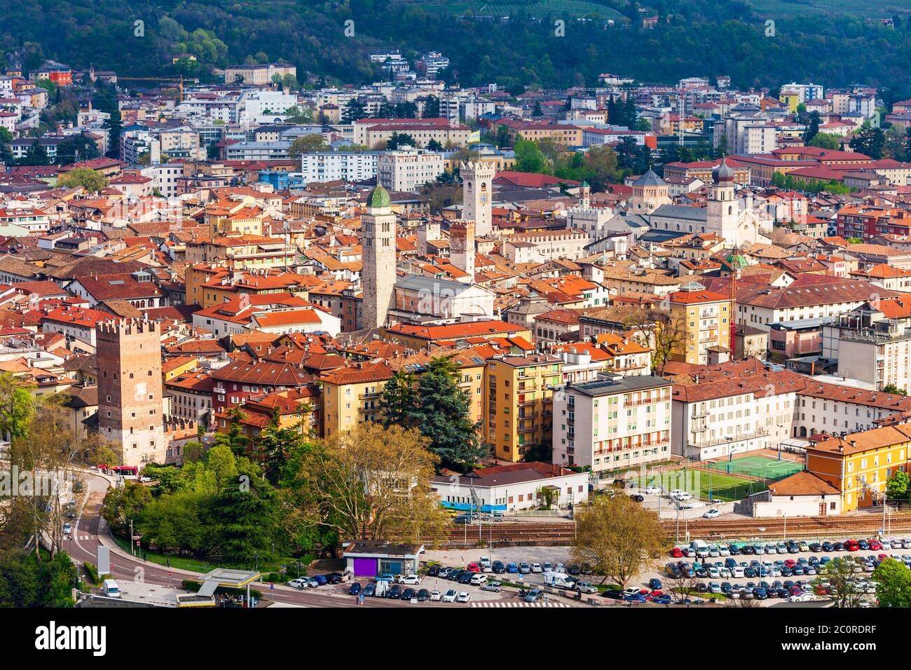 Trento aerial panoramic view. Trento is a city on the Adige River in Trentino Alto Adige Sudtirol in Italy. Stock Photo