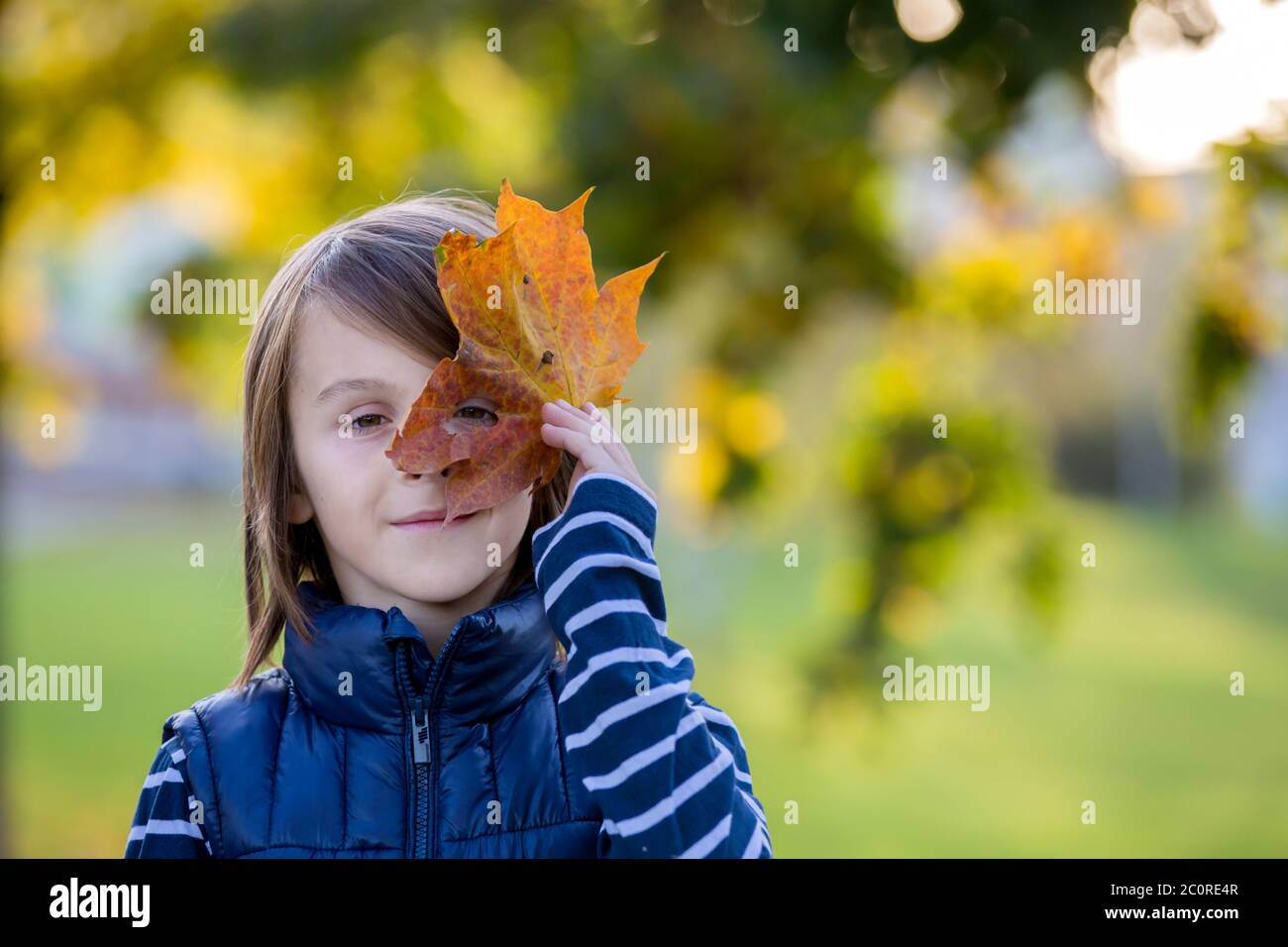 Beautiful preschool boy, holding big leaf in front of his face, looking ...