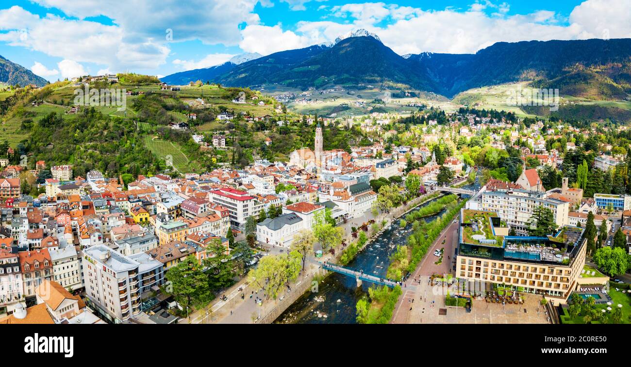 Merano city centre aerial panoramic view. Merano or Meran is a town in ...