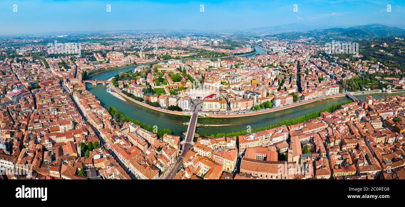 Verona city and Adige river aerial panoramic view in Veneto region in Italy Stock Photo
