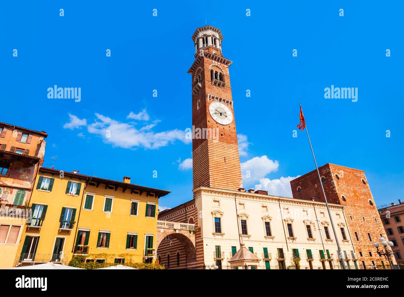 Torre dei Lamberti is tower in Piazza delle Erbe square in Verona, Veneto region in Italy. Stock Photo