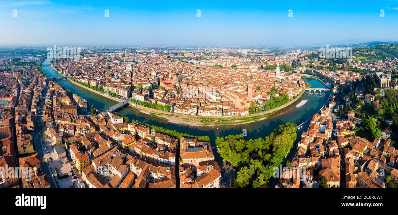 Verona city and Adige river aerial panoramic view in Veneto region in ...
