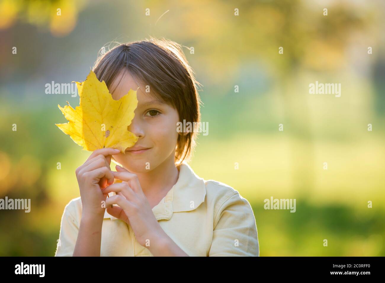Beautiful preschool boy, holding big leaf in front of his face, looking ...