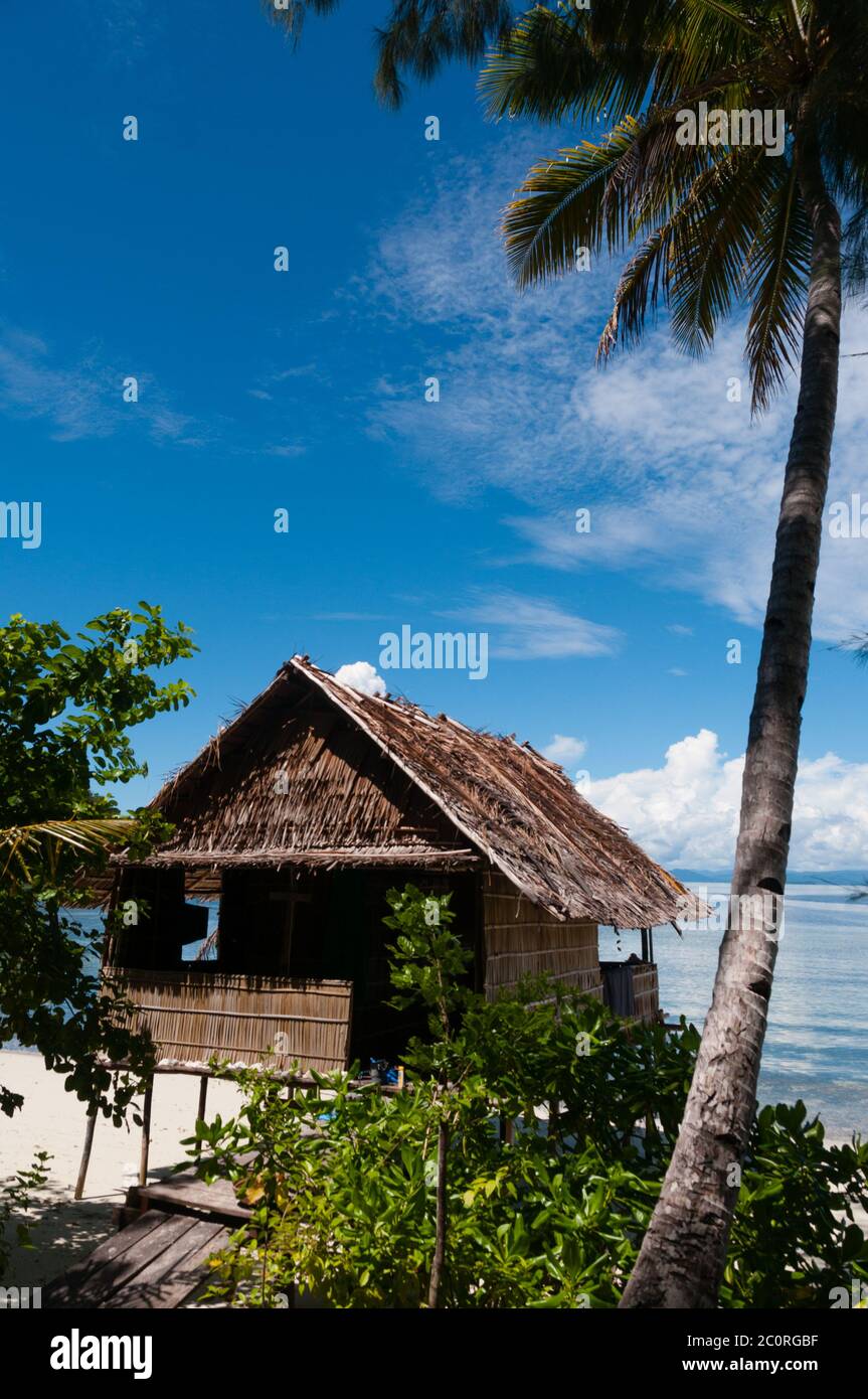 Lonely Nipa Hut on stilts with palm tree at a Beautiful Beach in front of the ocean Stock Photo
