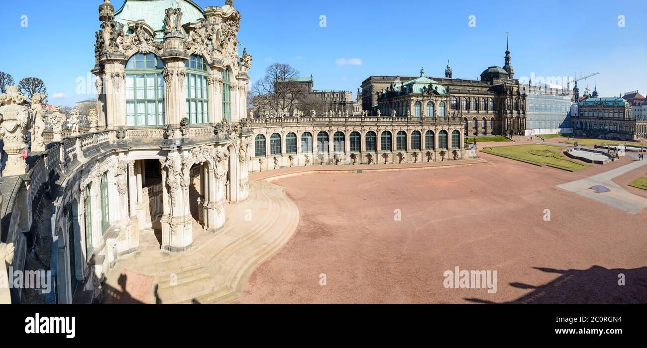 Panoramic view from curved terrace near Rampart (Wall) Pavilion toward courtyard of Zwinger complex with Old Masters Picture Gallery in Dresden, Saxon Stock Photo