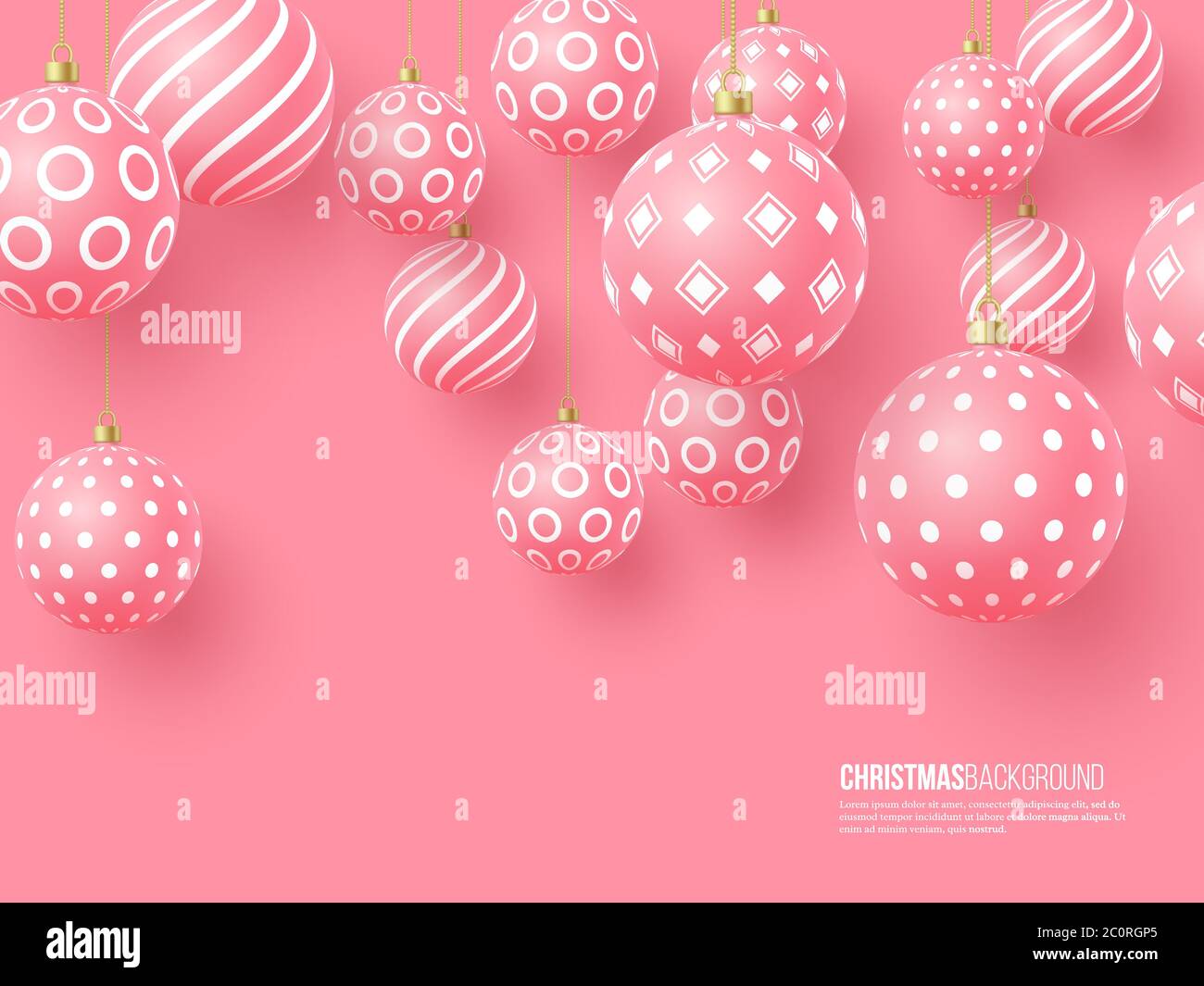 Christmas pink baubles with geometric pattern. 3d realistic style, abstract holiday background, vector illustration. Stock Vector