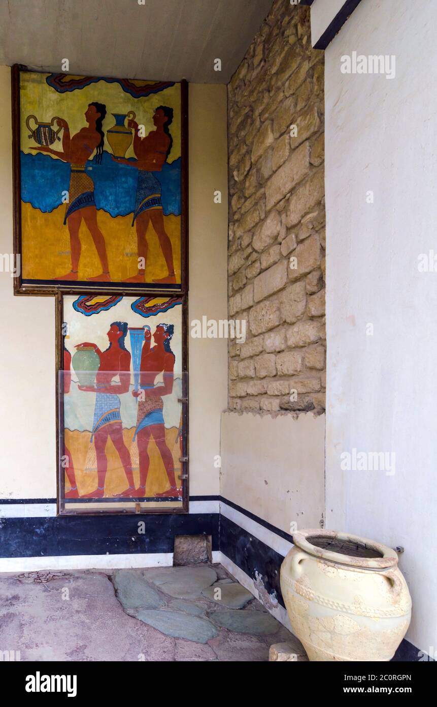 Knossos Palace, Crete / Greece. The South Propylaeum at the archaeological site of Knossos in Heraklion city with the two frescoes Stock Photo