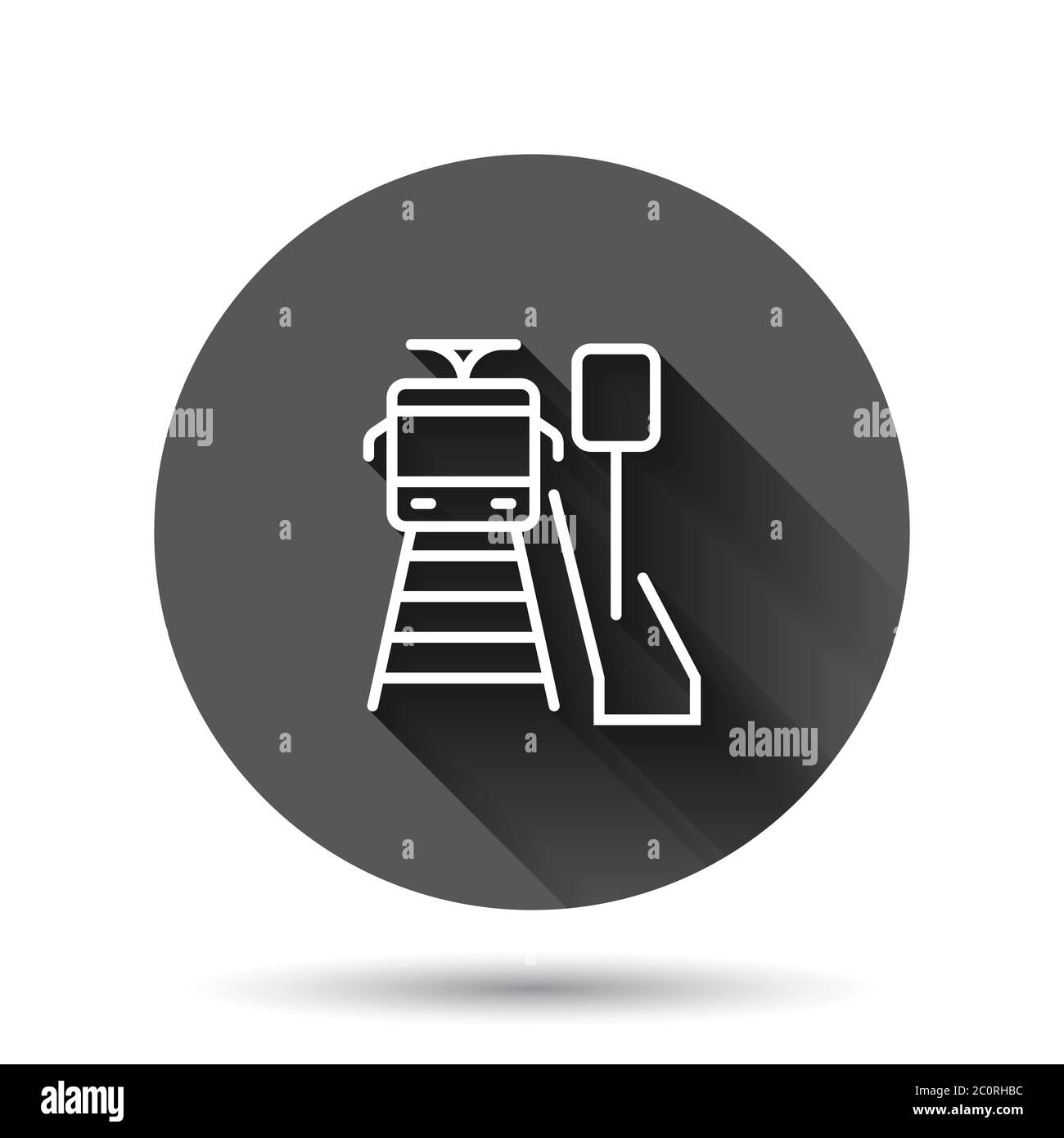 Metro station icon in flat style. Train subway vector illustration on black round background with long shadow effect. Railroad cargo circle button bus Stock Vector