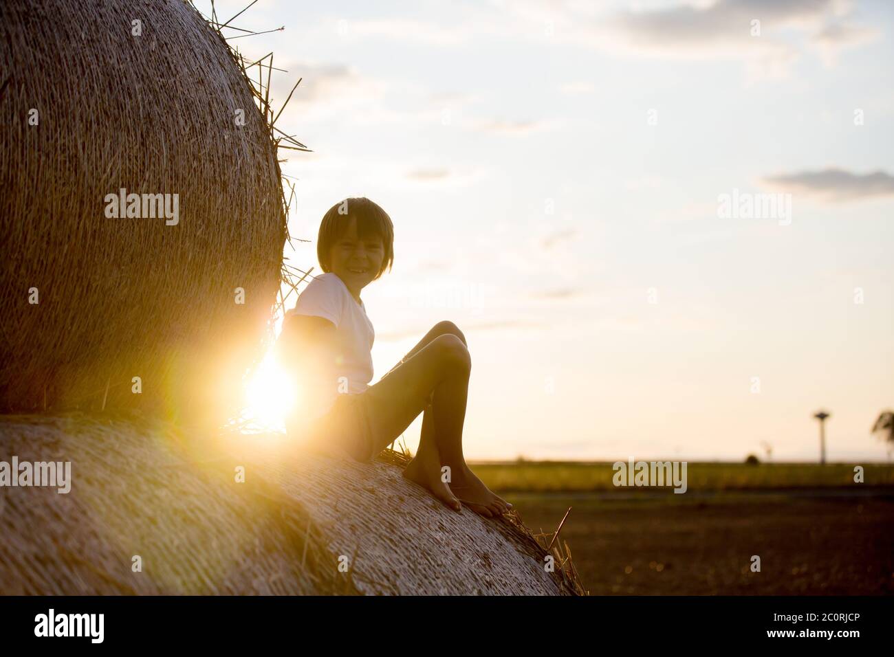 Happy children, playing on haystacks in a field, summertime Stock Photo ...