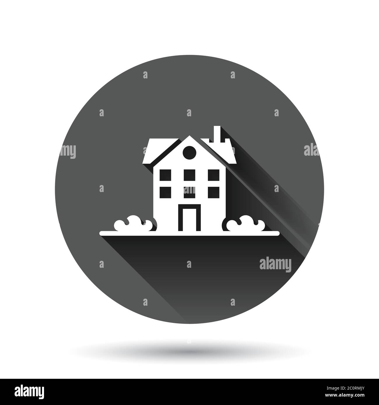 Building icon in flat style. Home vector illustration on black round ...