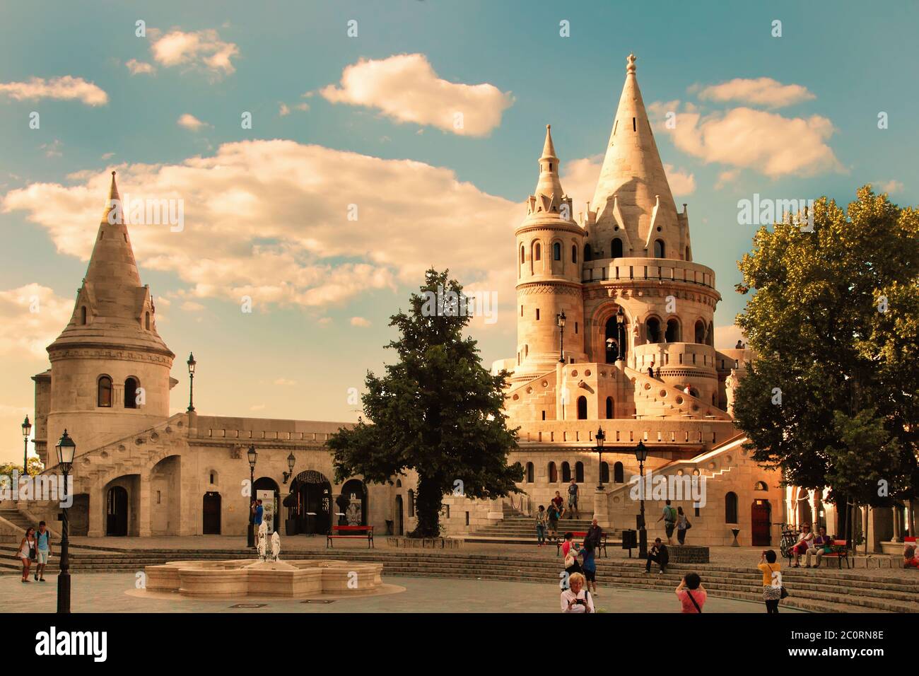 BUDAPEST - JUNE 27: View to Fisherman's Bastion, the terrace in neo-Gothic and neo-Romanesque style situated on the Buda bank of Stock Photo