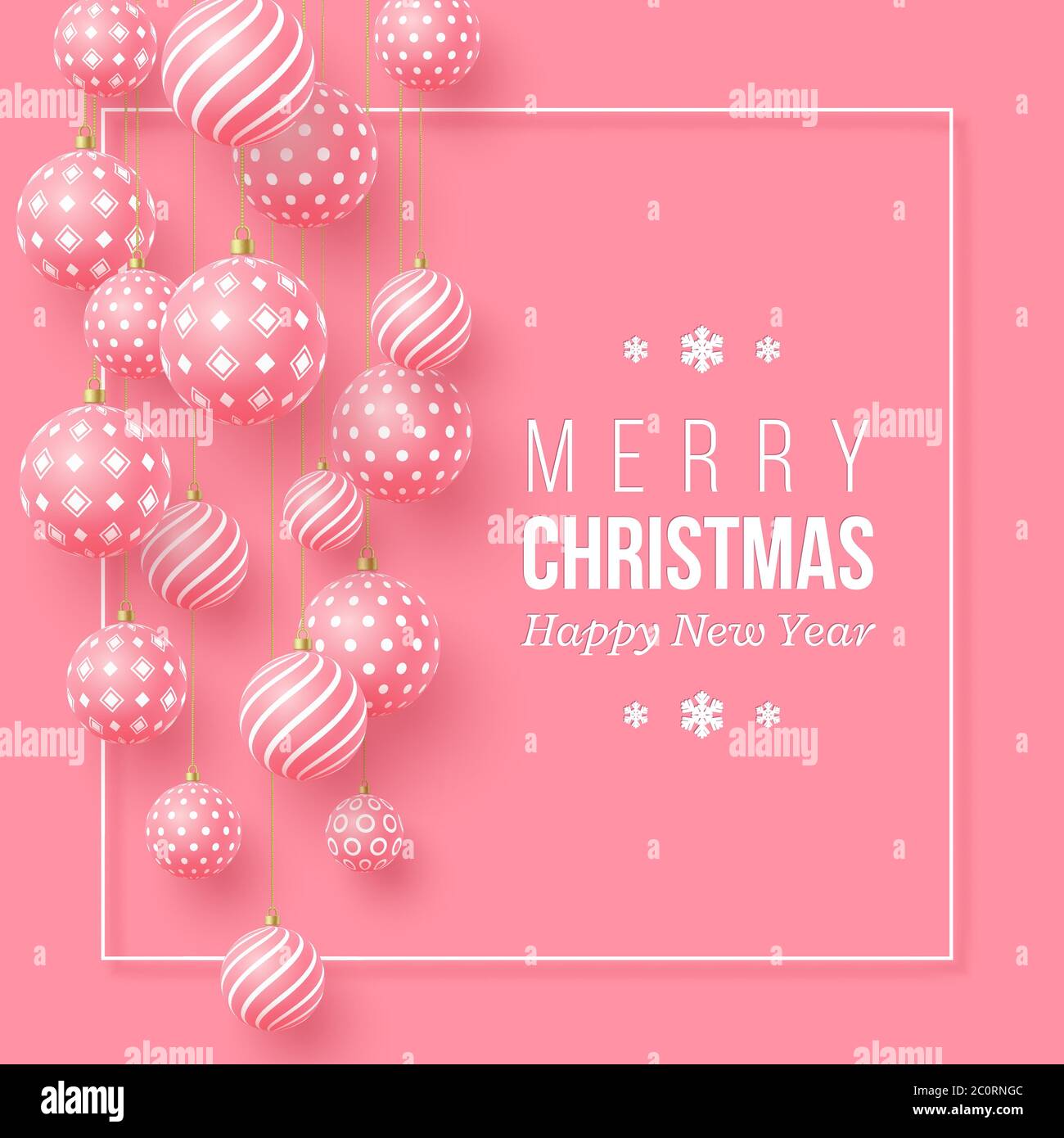 Christmas pink baubles with geometric pattern. 3d realistic style with white frame, abstract holiday background, vector illustration. Stock Vector