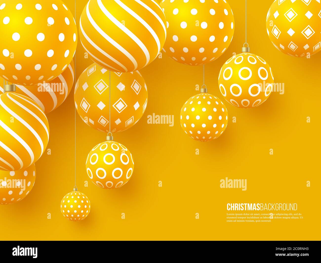 Christmas yellow balls with geometric pattern. 3d realistic style, abstract holiday background, vector illustration. Stock Vector