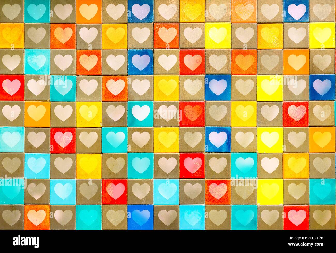 White Hearts on vintage style ceramic tiles wall decoration background,  valentines day background Stock Photo