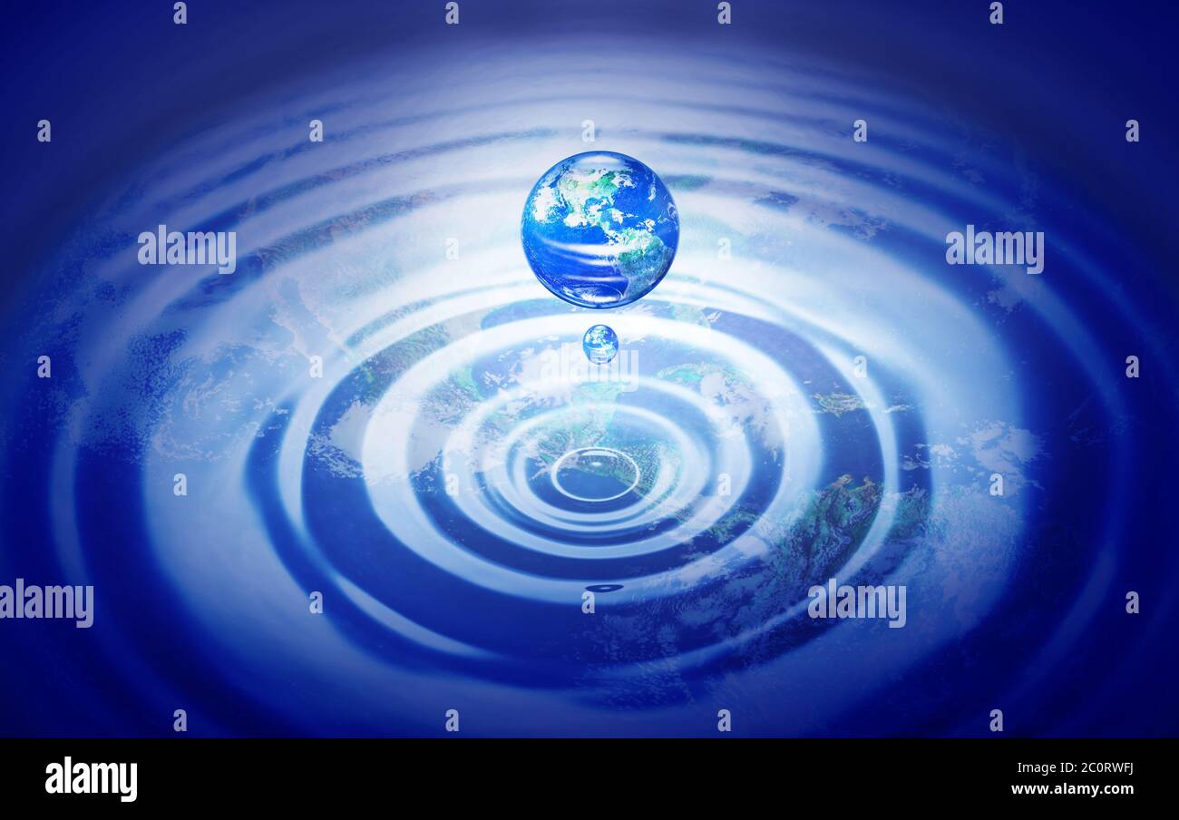 Earth in drop of water and reflection of the world on water wave, Elements of this image furnished by NASA Stock Photo