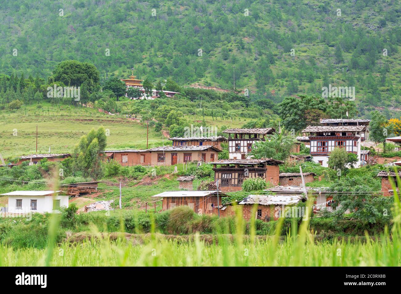 traditional Bhutan houses beside the mountain, Punakha, Bhutan Stock Photo