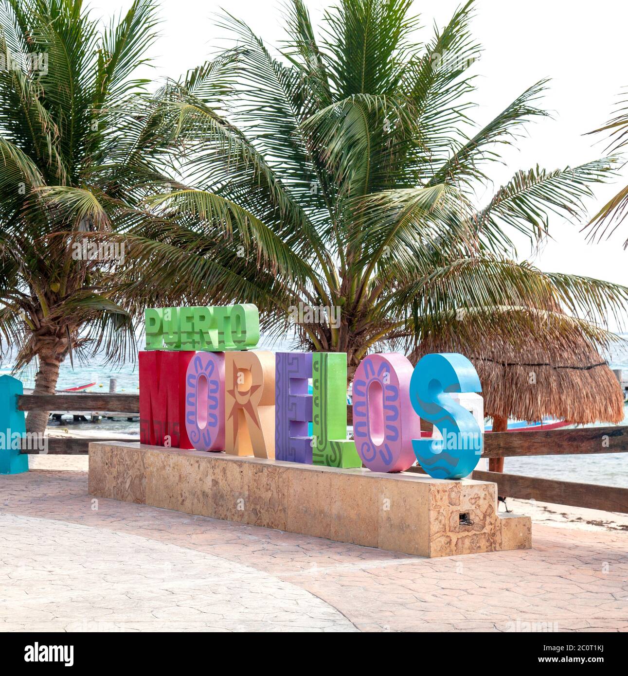 Waterfront sign, Puerto Morelos, Quintana Roo, Yucatan, Mexico. Stock Photo