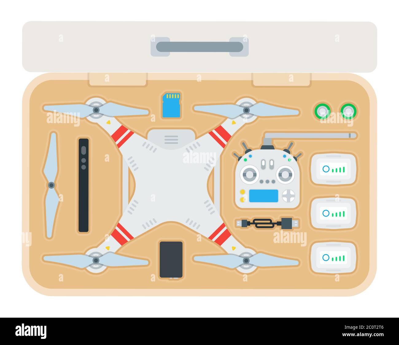 Open suitcase with quadrocopter and equipment top view illustration in a flat design Stock Vector