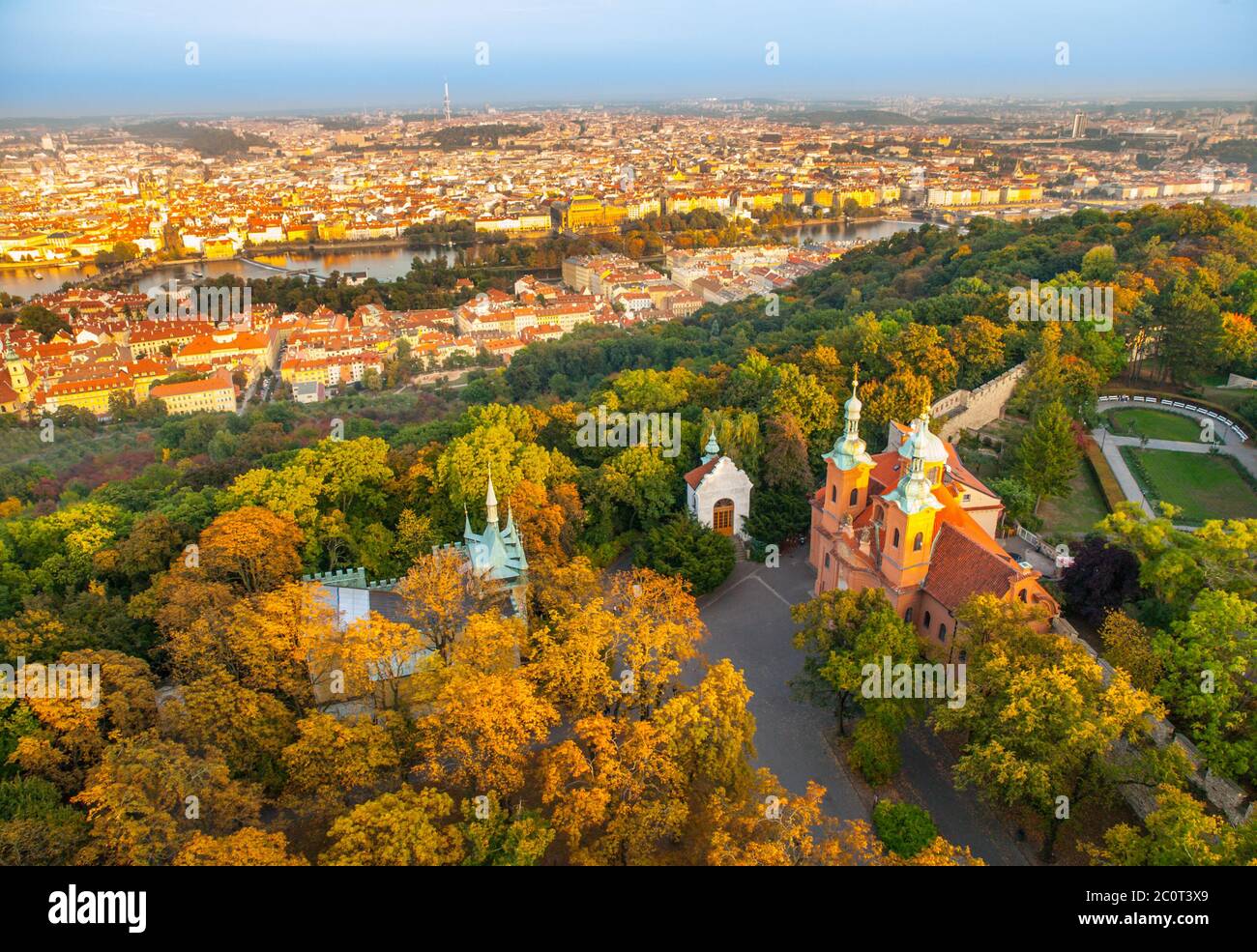 Prague city panorama. Aerial view of Petrin hill park and Vltava river from Petrin lookout tower, Prague, Czech Republic. Stock Photo