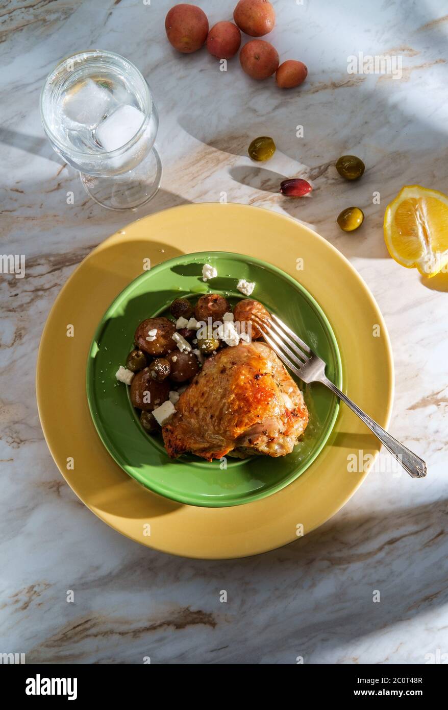 Greek skinon bonein chicken thighs with salmoriglio sauce with