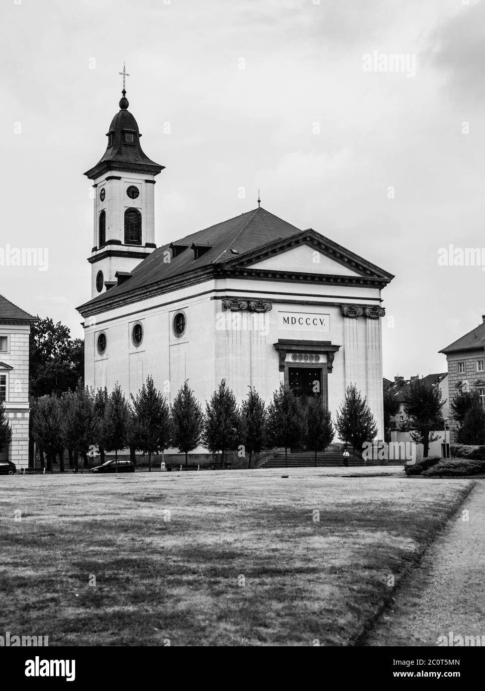 Baroque Church of Resurrection of Our Lord on Czechoslovak Army Square in Terezin, Czech Republic, black and white image Stock Photo