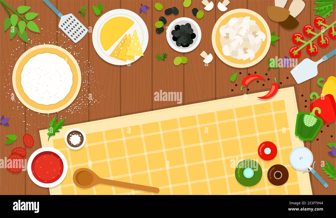 Ingredients for making pizza, dough and filling on wooden table. Vector flat illustrations. Stock Vector