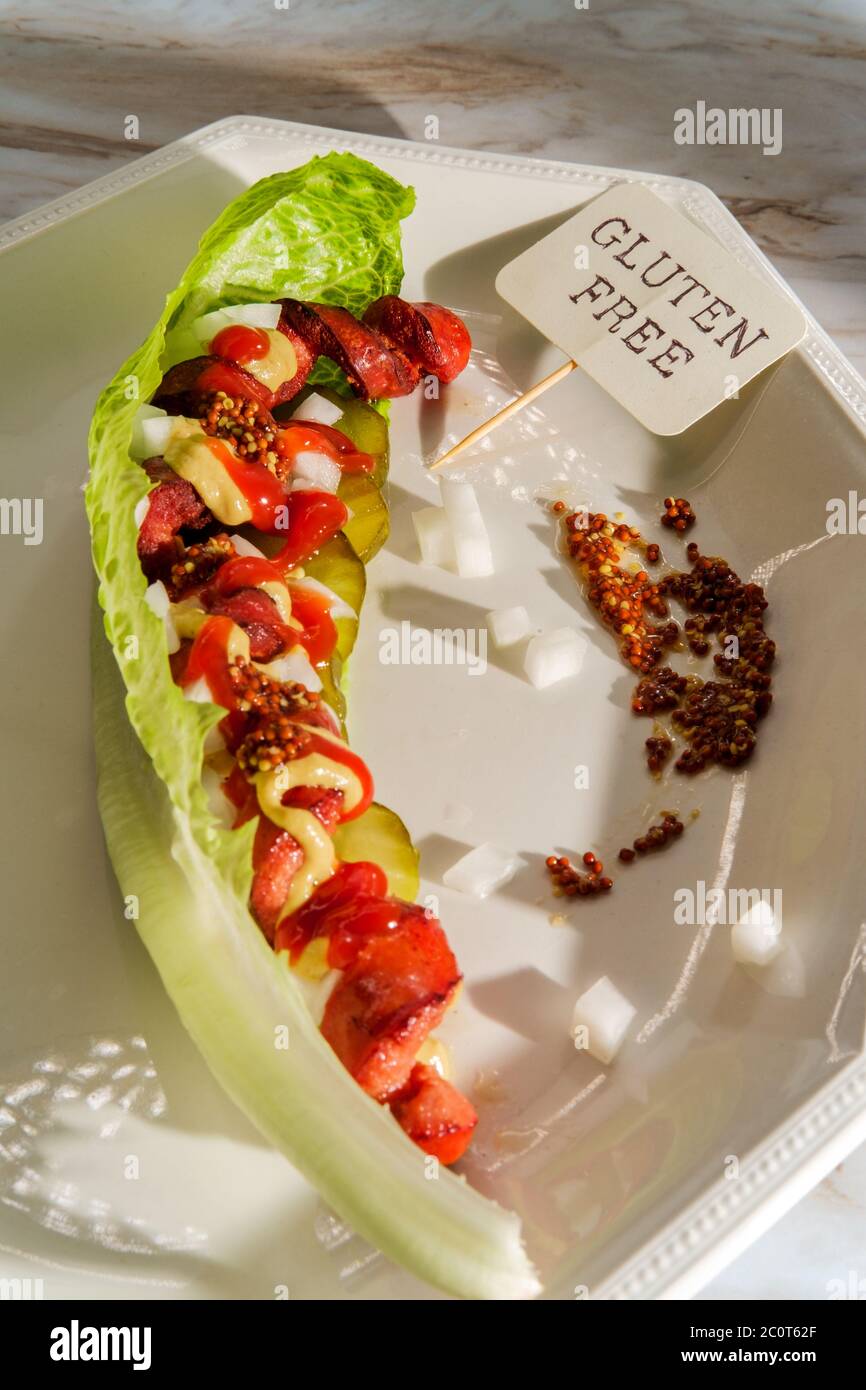 Spiralized fancy gourmet glutenfree lettuce wrap hot dog with mustard