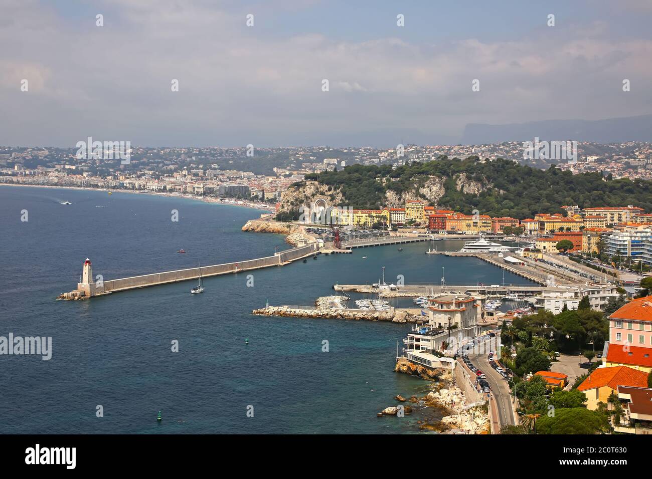 Beautiful view of Nice harbor from Mont Boron. Also Promenade des Anglais, marina, buildings and the Mediterranean Sea, Nice, French Riviera, France. Stock Photo