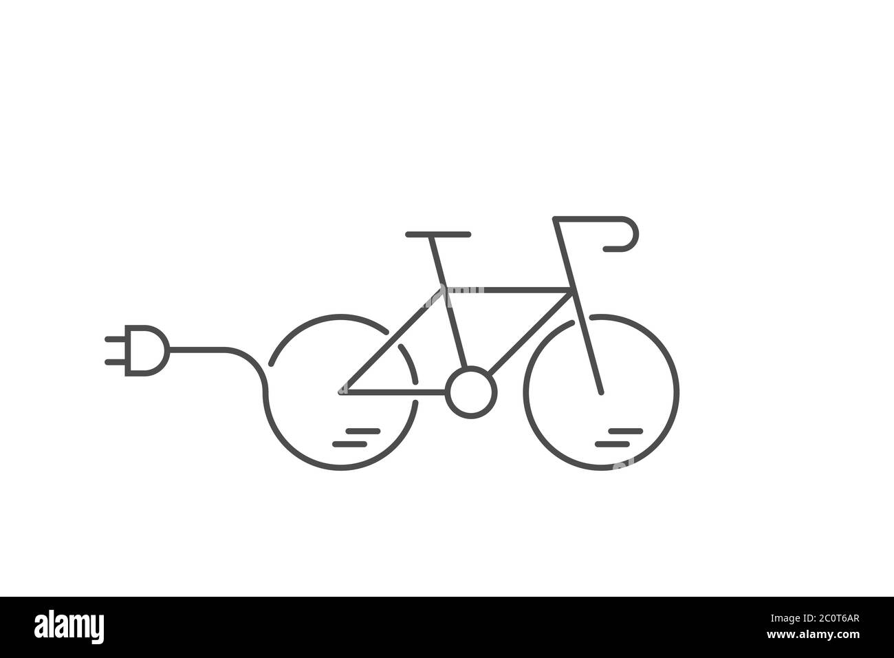 Electric bicycle powered by battery. Line icon. Modern Trekking bike with power plug. Hybrid vehicle with pedals and engine. Black outline on white Stock Vector