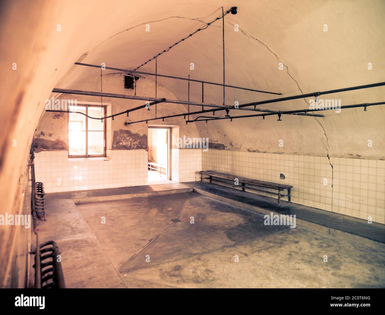 Interior of bathroom with showers in prison. Stock Photo