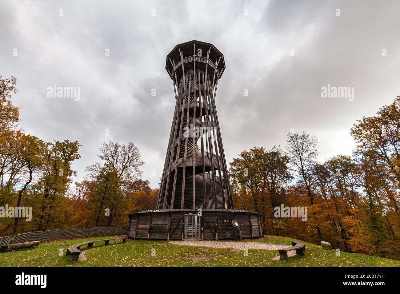 Close up view of Sauvabelin Tower (Tour de Sauvabelin) on cloudy autumn day, a wooden tower located in Sauvabelin forest with panoramic view of city, Stock Photo
