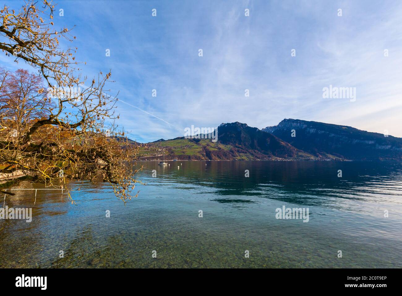 Stunning view of the Lake Thun and the Alps in autumn on the lake side in Spiez, Canton of  Bern, Switzerland Stock Photo