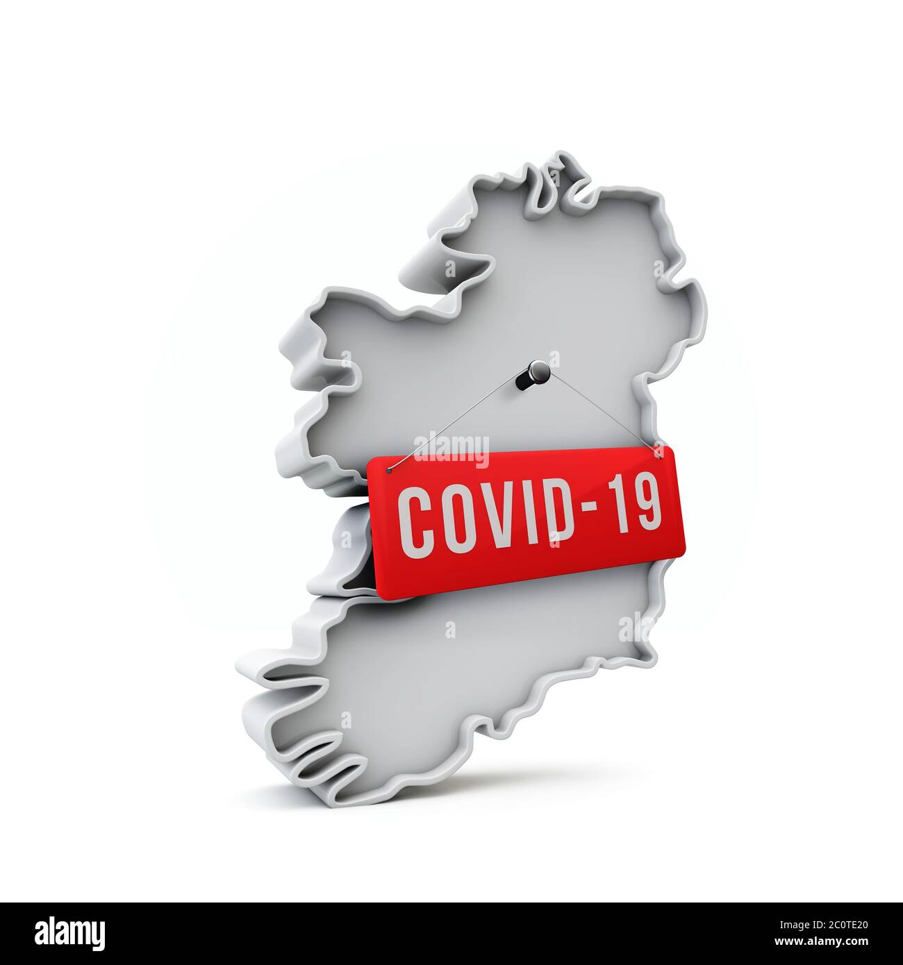 Ireland simple 3D map with covid-19 red label 3D Rendering. Stock Photo