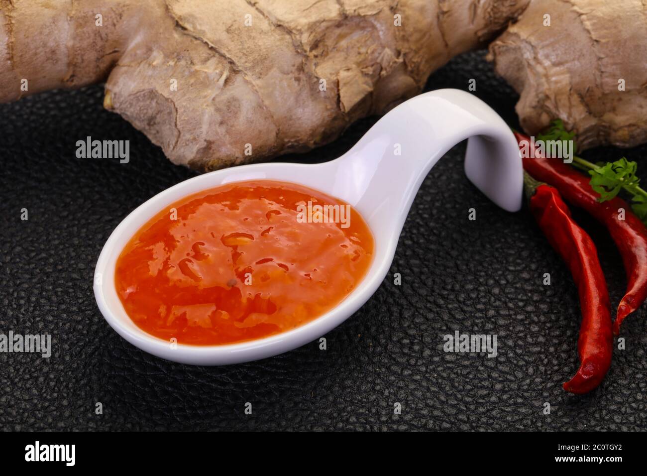 Ginger chili sauce with root and pepper Stock Photo Alamy