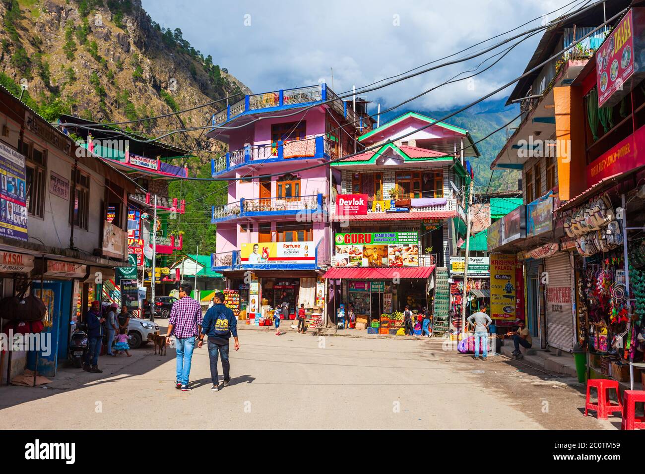 KASOL, INDIA - OCTOBER 02, 2019: Local houses at the main street in Kasol village in Himachal Pradesh state in India Stock Photo