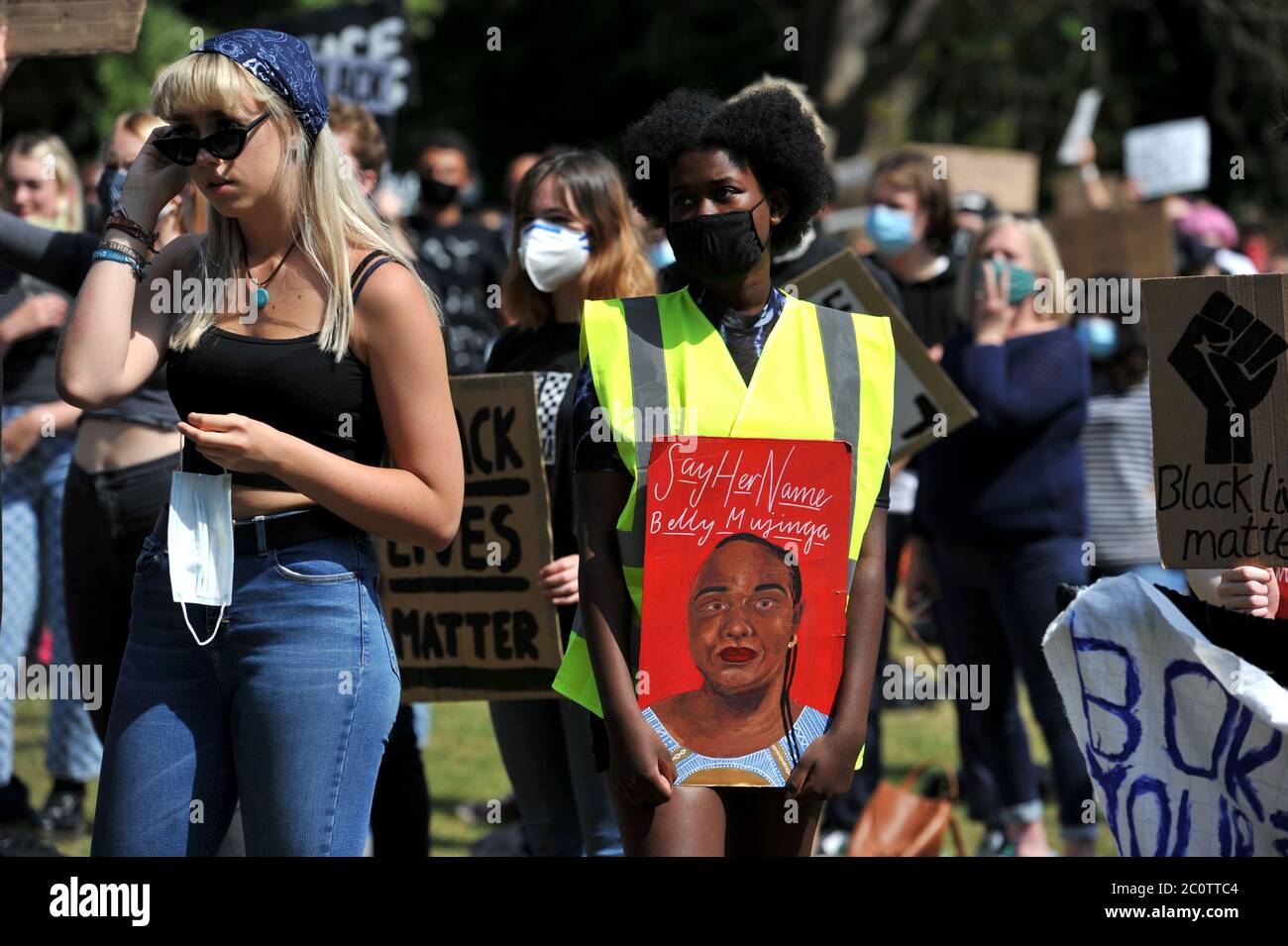 Black Lives Matter peaceful protest in Pittville Park, Cheltenham, Gloucestershire in the shadow of the iconic Regency building Pittville Pump Room. T Stock Photo