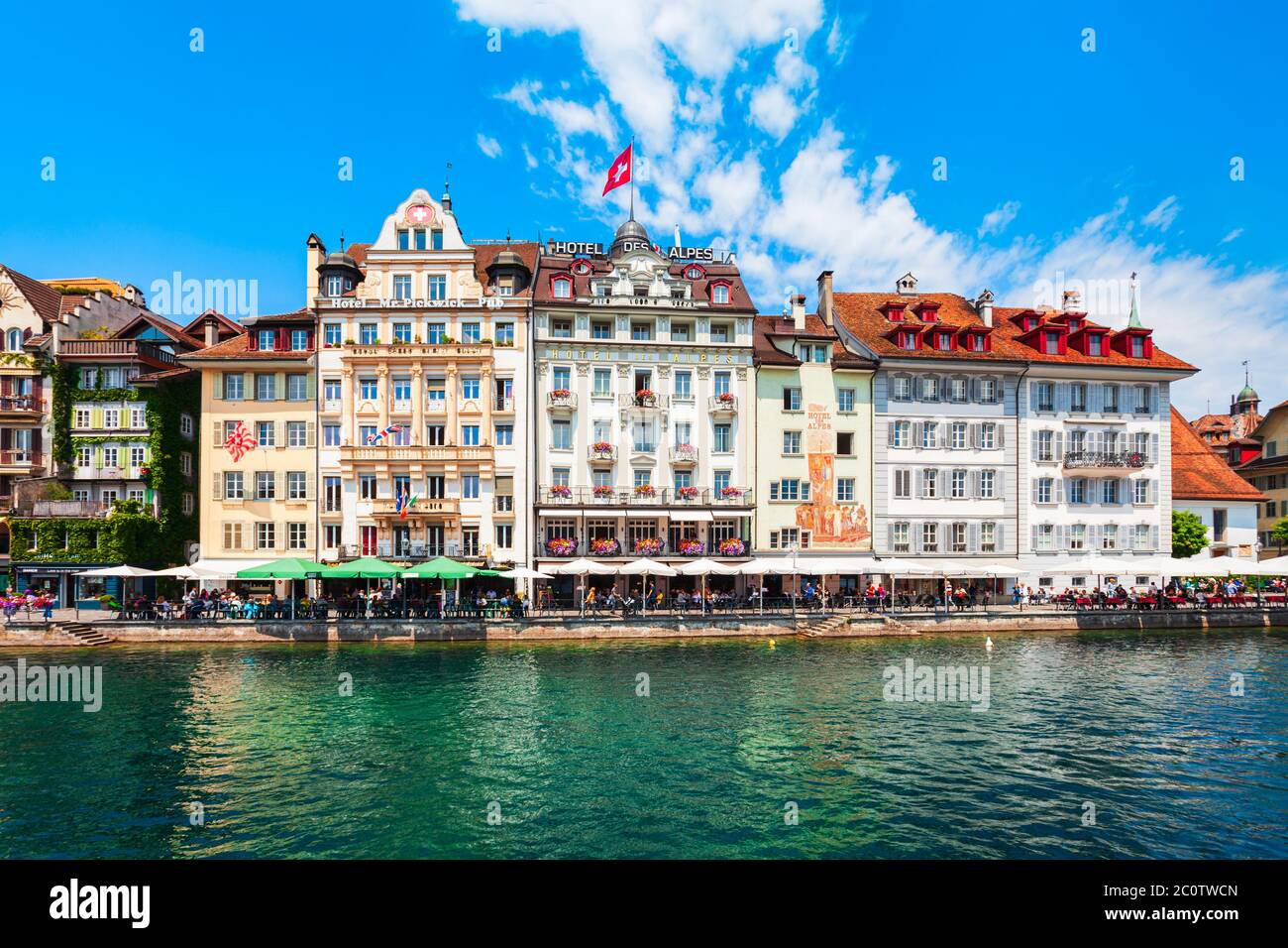 LUZERN, SWITZERLAND - JULY 12, 2019: Reuss river and Lucerne or Luzern city centre view, central Switzerland Stock Photo