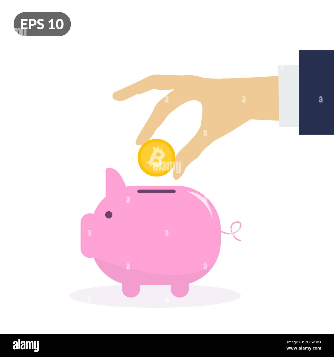 Businessman's hand putting bitcoin golden coin into piggy bank. Cryptocurrency investing concept Stock Vector