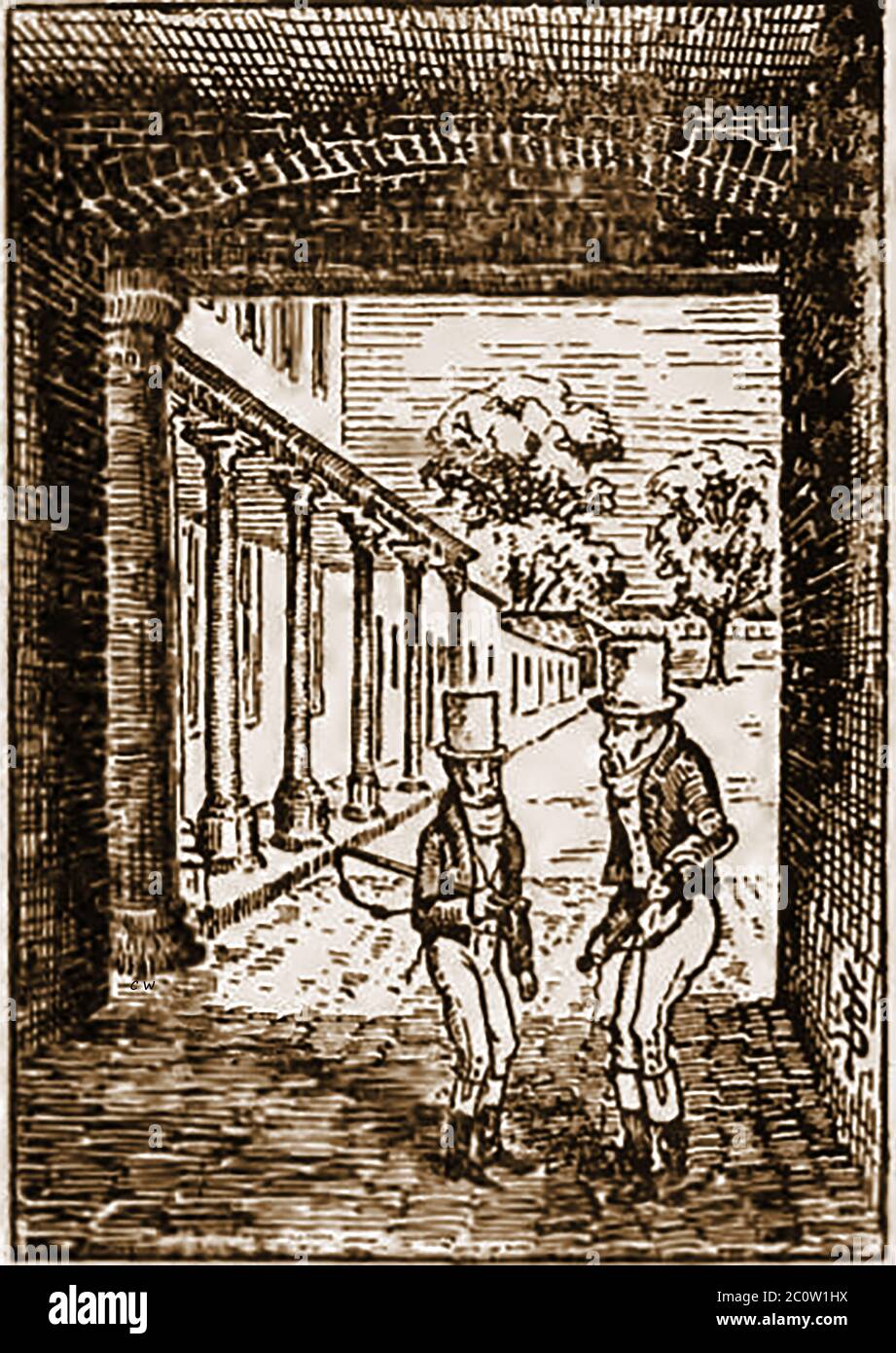 An old sketch showing two postboys waiting for a coach in the entrance to the coachyard at the Crown inn Bawtry, England Stock Photo