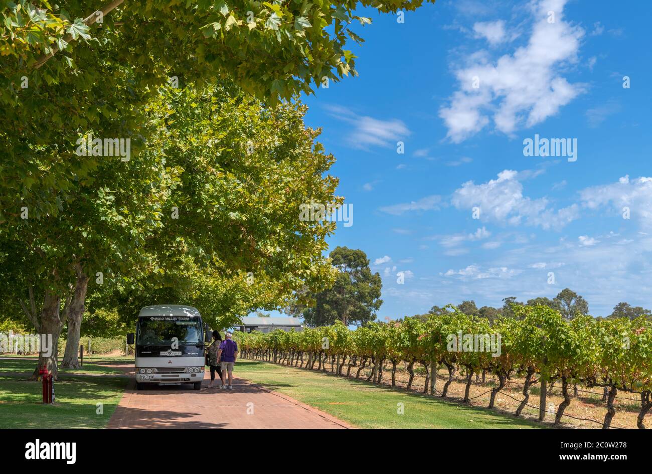 Swan ValleyTours tour bus at Sandalfords Wines winery, Swan Valley, Perth, Western Australia, Australia Stock Photo