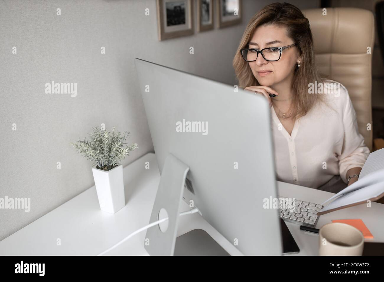 Beautiful business lady working on computers at home Stock Photo